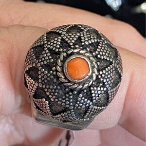 Ring Size 8.5 Orange Coral Sterling Silver 925 Women Vintage Semi-Precious Stone